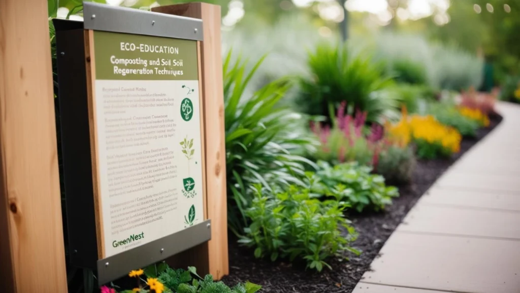 A close-up of an eco-educational sign at GreenNest, made from recycled wood and metal, explaining composting and soil regeneration.